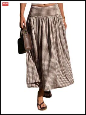 Plaid Gingham Maxi Skirt Low Waist Flowy Long Skirt Pull On